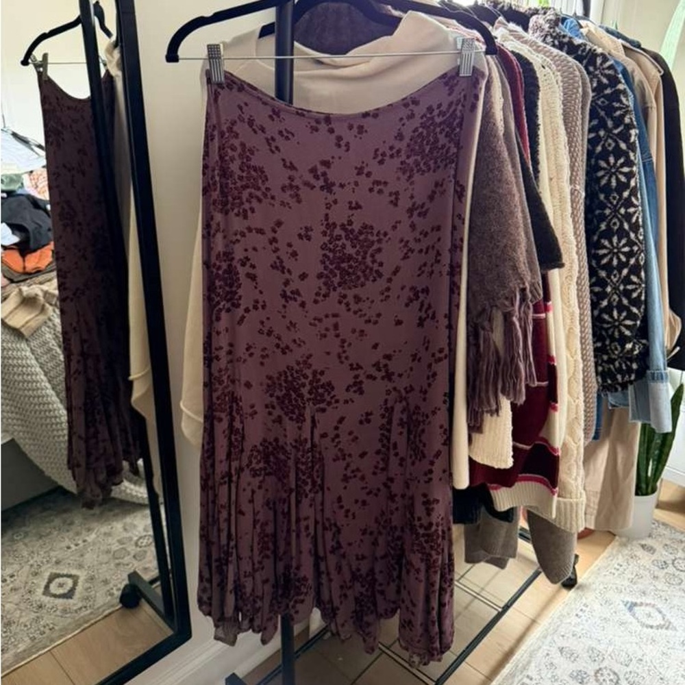 Free People Purple Floral Print Bias Cut Handkerchief Hem Maxi Skirt - Picture 2 of 4